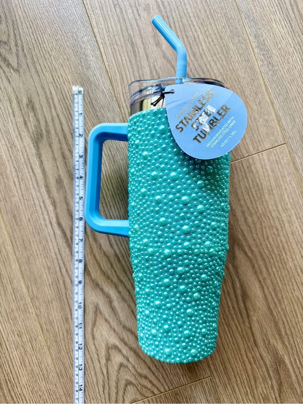 Pearl-Textured Turquoise Stainless Steel Tumbler with Handle and Straw